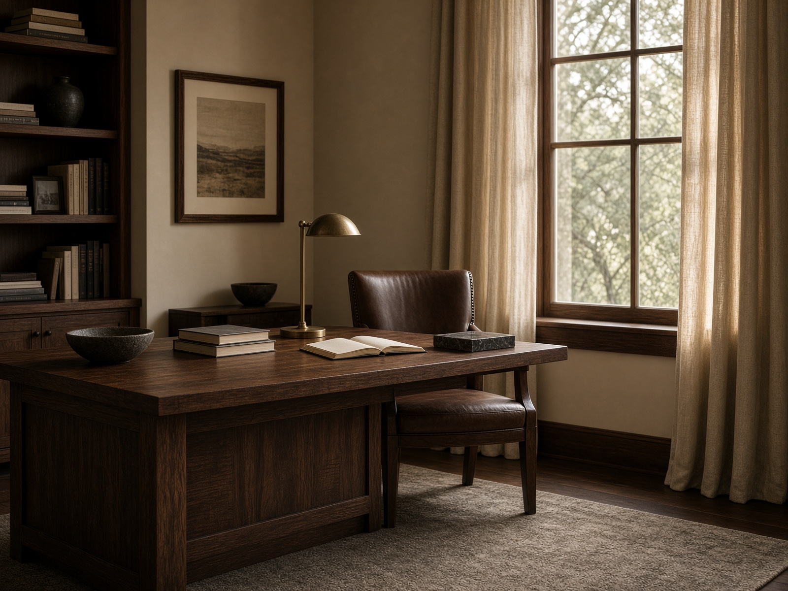 Quiet private study with afternoon light, walnut desk, and an empty chair